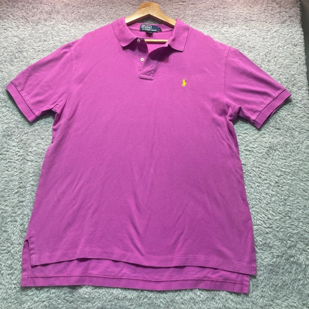 Polo Ralph Lauren Mens Magenta Purple Pique Cotton Polo Shirt Yellow Pony Large